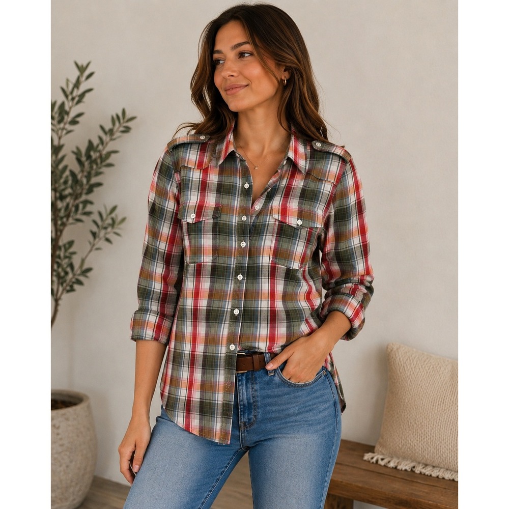 GH Bass Shirt Womens Red Olive Plaid Button Down Cotton Shirt Epaulettes Size S